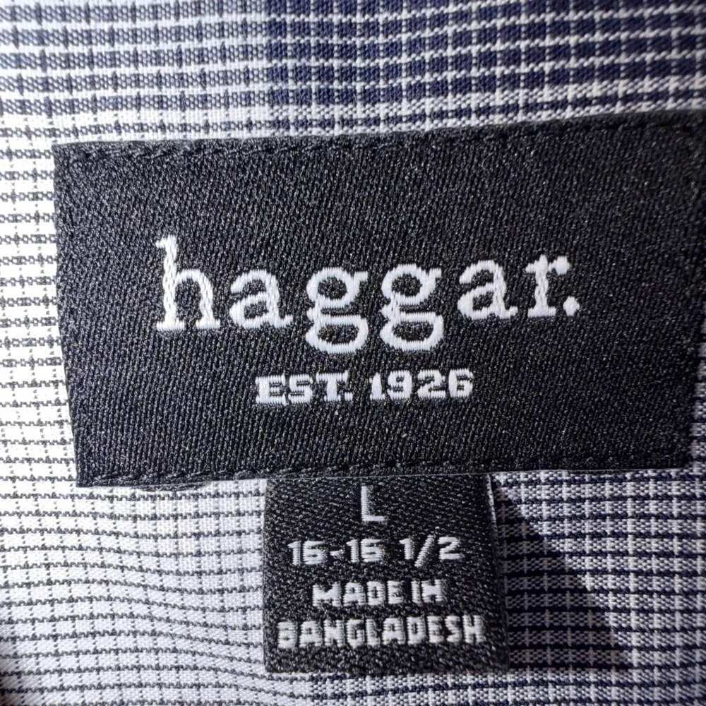 Haggar No Iron Mens Large Blue Plaid Wrinkle Resistant Button Down Long Sleeve